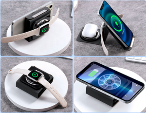 <span class=keywords><strong>Cargador</strong></span> inalámbrico magnético 3 en 1 plegable de cuero PU Delgado Carga rápida transparente para teléfonos móviles - Product Image 6