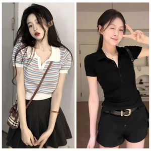 Camiseta de Punto con Cuello Polo Gris Básico de Alta Gama Estilo Retro Americano, de Manga Corta y Hombros Descubiertos para <span class=keywords><strong>Mujer</strong></span>, Diseño Veraniego - Product Image 3