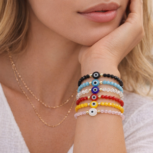 Braccialetto Elastico Resoul con Perline di Cristallo Sfaccettate e Occhio Turco, Amuleto Portafortuna Nazar, Protezione Ojo Turco, Stile Boho, Impilabile, Regalo Donna - Product Image 3