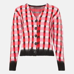 Vintage plaid pattern sweater drawing craft women's cardigan no tie button white collar wear