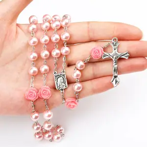 时尚宗教项链粉色仿珍珠念珠项链天主教耶稣十字架项链