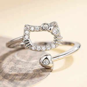 Anello Aperto a Forma di Cuore con Fiocco e Gattino per Donne, Gioiello da Dito Delicato e alla Moda - Product Image 5