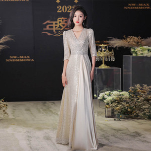 Champagne Gold Evening Gown V-Neck Long Sleeve Wrap Tie Formal Dress For Banquet And Ceremony - Product Image 2