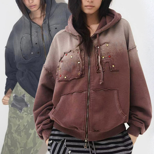 Sudadera con Capucha KingSen de Alta Calidad para Invierno, Unisex, con Cierre, Diseño Desgastado, Pedrería Bordada, Lavado Ácido, Felpa Francesa, 100% Algodón - Product Image 1