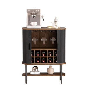 Meuble Bar Moderne en Bois pour Café et Vin avec Portes Coulissantes, Porte-Bouteilles en Verre et Étagère de Rangement, Design Oval - Product Image 1
