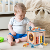 Kubus Aktivitas Kayu 9-In-1 Penyortir Bentuk Geometris Jam Abakus Cermin Memancing Mainan Sensorik Motorik Halus untuk Bayi Balita 19-24M-3Y