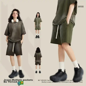 S3029 Men's Mid Waist <b>Gym</b> <b>Shorts</b> 100% Cotton Terry Custom Logo Acid Wash Vintage Raw Hem Anti-Wrinkle Hip Hop Style Board <b>Shorts</b> - Product Image 3