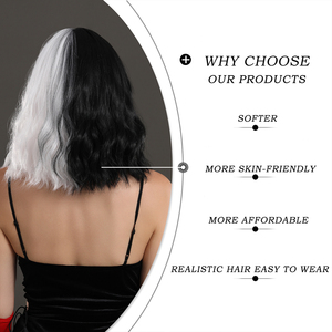 <span class=keywords><strong>Cruella</strong></span> devil – perruque de Cosplay pour <span class=keywords><strong>Costume</strong></span> d'halloween, perruque synthétique courte noire et blanche, perruque Bob ondulée avec frange pour femmes - Product Image 4
