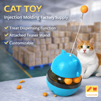 Suministro al por mayor: Juguete ecológico de plástico para gatos con varita interactiva, base oscilante, bolas dobles y salida de croquetas ajustable. Listo para exportación, OEM.