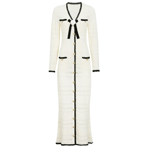 Nuovo Abito Lungo <span class=keywords><strong>in</strong></span> <span class=keywords><strong>Maglia</strong></span> alla Moda per Donne: <span class=keywords><strong>Maniche</strong></span> <span class=keywords><strong>Lunghe</strong></span>, Traforato, Scollo a V Bicolore con Bottoni Dorati, <span class=keywords><strong>Vestito</strong></span> Retrò da Festa - Product Image 1