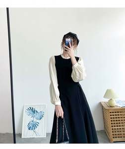 Otoño francés nuevo diseño retro mujer manga larga vestido sólido Delgado falsificar dos piezas moda dama cuello alto A-line vestido - Product Image 5