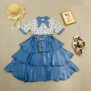 Customized Elsali Shirt Collar Floral Printing Shining Cake Girls Dresses Baby Clothes 6-12Years Soft Fabric Breathable Dresses