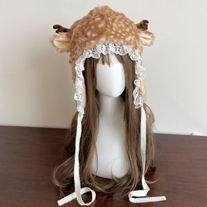 Women's Cute Deer <b>Ear</b> Faux Fur Hat Winter Warm Plush Hood Lace Trim Animal Style Hat Wholesale - Product Image 2