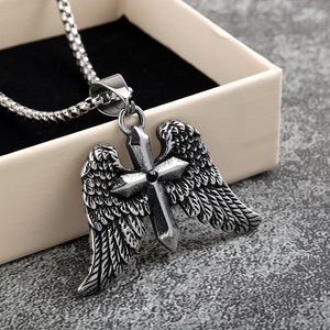 Stainless Steel <b>Cross</b> Wing Pendant Necklace Unisex Fashion Jewelry Gift for Men Women Geometric Design Asymmetry Style - Product Image 1