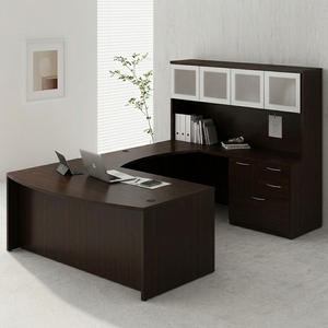 Juego de Escritorio Ejecutivo en Forma de U con Cajón y Librero de Pared, Escritorio de Oficina Clásico de Madera - Product Image 1