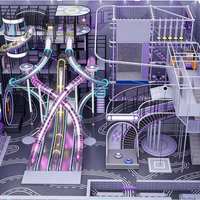 Parc d'attractions intérieur amusant avec toboggans à tubes lumineux, aire de jeux pour enfants dotée d'un mur d'escalade et d'un parcours d'obstacles en labyrinthe