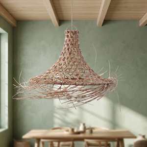 Lustre suspendu en rotin tissé à la main avec LED, lampe suspendue décorative naturelle pour la maison et le bureau - Product Image 2
