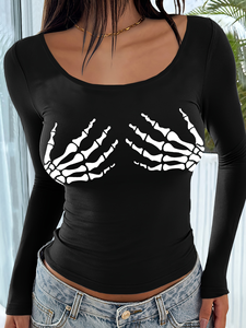 <span class=keywords><strong>T</strong></span>-<span class=keywords><strong>shirt</strong></span> noir à manches longues imprimé à la main <span class=keywords><strong>Halloween</strong></span> Skull Style décontracté avec motif blanc pour les fêtes et les vêtements quotidiens - Product Image 3