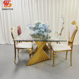 Table de mariage de luxe en acier inoxydable doré moderne avec surface en verre, table de dîner de mariage à vendre - Product Image 1