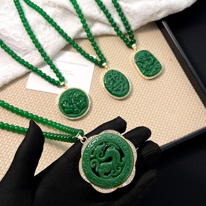 Chinese Style Green Jade Pendant Necklace With Animal Pattern Bezel Setting Fashion Jewelry For Women - Product Image 3