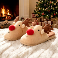 Mignonnes pantoufles d'hiver 3D renne Rudolph pour femme et couple, à bout fermé, chaudes, moelleuses, semelle TPR, cadeau de Noël