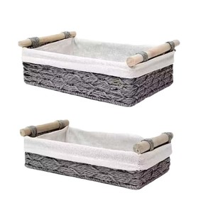 Rattan Woven Storage <b>Basket</b> Rectangle Canvas Lined Handmade For Kitchen Countertop Organization - Product Image 5