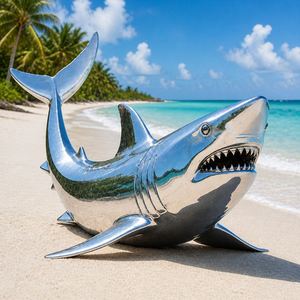 Sculpture de requin en acier inoxydable poli miroir, statue animale pour jardin, parc, paysage extérieur, décoration sur le thème marin - Product Image 5