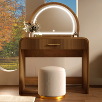 Coiffeuse moderne en bois avec miroir semi-circulaire éclairé par LED et tiroir pour station de maquillage de chambre