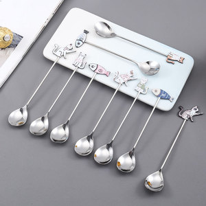 Cuchara de acero inoxidable 304, cuchara creativa con forma de gato, cuchara para café y miel, cuchara agitadora de mango largo para el hogar, cuchara para postre y pastel - Product Image 1