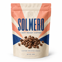 Sachet d'emballage de café haute barrière avec valve et fermeture éclair, pochette verticale personnalisée pour grains de café torréfiés clairs, marque privée