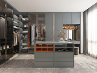 Dressing encastré sur mesure minimaliste avec îlot intégré, solution de rangement italienne gris foncé pour chambre à coucher, pour la maison et les projets
