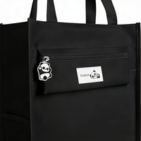 Tas Tote Kanvas Hitam dengan Tempat Botol Minum, Kantong Depan Ber-resleting, Tas Tangan Panda Lucu, Tas Kerja Sekolah Tahan Lama untuk Wanita Pria