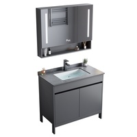 Ensemble de meubles de salle de bain autoportants en aluminium, style minimaliste moderne, avec miroir LED tactile éclairé et vasque monobloc en céramique, pour appartement et villa