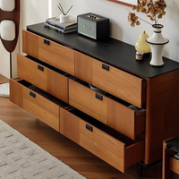 Nouvelle armoire en chêne de style mid-century à six tiroirs avec cadre en acier inoxydable, pour chambre à coucher, tête de lit, ou meuble de rangement pour salon