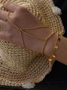 Brazalete de Dedo de Acero Inoxidable Dorado de Moda, Brazalete de Cadena de Mano Simple con Cristal de Circonio, Joyería Impermeable para Mujer, para Fiestas - Product Image 2