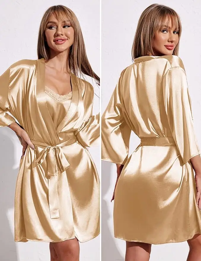 Piyama sutra Set Kimono Satin untuk wanita, jubah Kimono sutra untuk gaun malam pengiring pengantin dan jubah tidur Cami dengan jubah