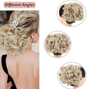 <span class=keywords><strong>Chignon</strong></span> bouclé ondulé facile à clipser pour femme avec deux peignes en plastique et <span class=keywords><strong>filet</strong></span> élastique, postiche synthétique pour coiffure rehaussée - Product Image 6