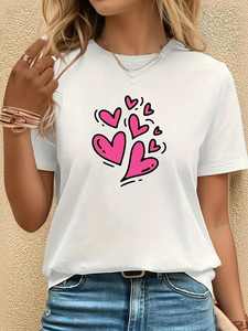 T-shirt casual da donna con stampa di cuori per San Valentino, girocollo, manica corta, 100% cotone, vestibilità ampia, comoda per tutte le stagioni - Product Image 1