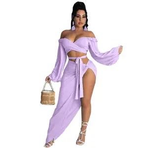 Mode Baru Off-Shoulder Lengan Panjang Perban Crop Top Musim Gugur Sisi Celah Rok Panjang Warna Solid 2 Piece Set Pakaian Wanita