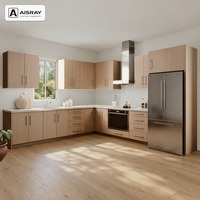 Meuble de cuisine moderne en bois massif avec portes à battants, aménagement en L, boîtes en panneaux mélaminés, unités modulaires et tiroirs à fermeture amortie