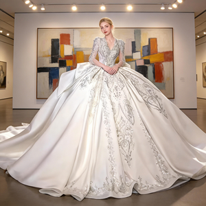 베스트셀러 고급스러운 레트로 스타일 웨딩드레스, 화려한 레이스 새틴 플로잉 캐시드럴 스타일 스커트 - Product Image 5