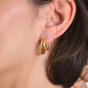 Pendientes de acero inoxidable con forma de C de doble capa geométrica, color oro y plata, a la moda para mujer - Product Image 3