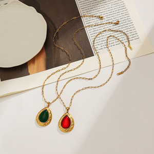 Stainless Steel <b>Necklace</b> Water Drop Shape <b>Ruby</b> And Emerald Bezel Setting 18k Gold Plated Adjustable For Women - Product Image 3