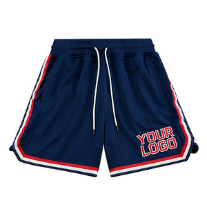 Pantalones Cortos de Baloncesto Azul Marino para Niños y Adultos con Franjas Laterales Rojas y Blancas, Cintura con Cordón, Logotipo Personalizado, Ropa Deportiva Informal - Product Image 1