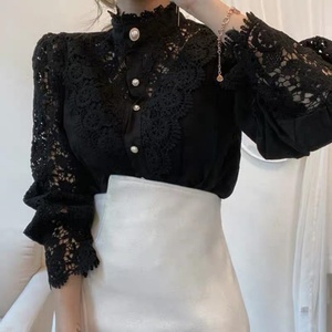 Women's Gothic Casual Long-Sleeve Lace Blouse French Stand Collar Button Hollow Flowers Solid Color <b>Patchwork</b> <b>Tops</b> Summer - Product Image 3