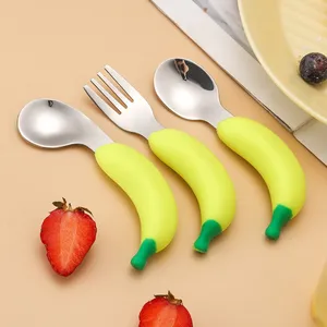 Alta Qualidade Bpa Free Baby Silicone Spoon Toddler Weaning Feeding Fork Aço Silício Colher Inoxidável E Garfo