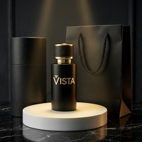 Flacon de parfum miniature de luxe personnalisé en verre noir, imprimé à l'écran, avec pompe estampée or métallique, option logo personnalisé, 30 ml, marque VISTA