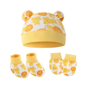 Topi katun kartun lucu + sarung tangan + kaus kaki untuk bayi perempuan anak laki-laki hiasan kepala lembut