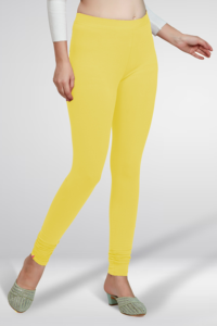 Leggings en coton jaune taille haute pour femmes, longueur totale, doux, extensible, coupe ajustée, yoga, gym, pantalon de confort quotidien - Product Image 4