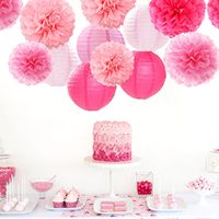 Décorations de fête rose vif - Lanternes en papier - Pompons - Guirlandes - Fournitures pour mariage, baby shower, enterrement de vie de jeune fille
